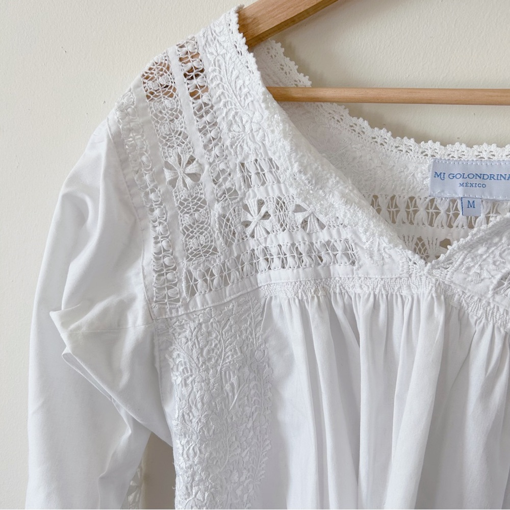 Rare Exquisite Mi Golondrina Handmade Embroidered + Lace White Blouse Sz M - Picture 4 of 8